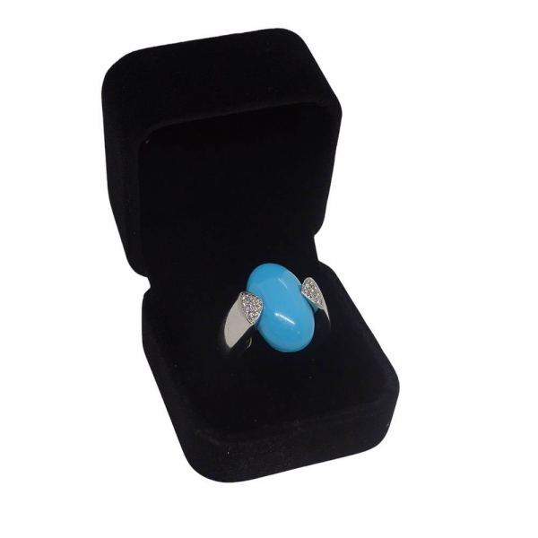 Anillo / Sortija oro blanco 18k, cabujón de turquesa y brillantes, 60’s.