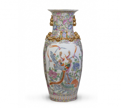 Pareja de tibores de porcelana esmaltada de familia rosa con decoración de &quot;millefiori&quot; y reservas decoradas con ave fénix y peonías.  Trabajo chino, ff. del S. XIX. 