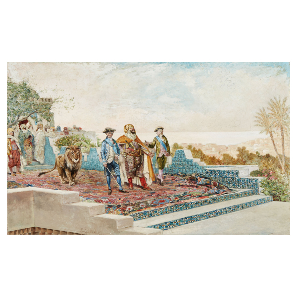 Baldomero Galofre Giménez (Reus, Tarragona, 1849-Barcelona, 1902) La llegada del Sultán. Óleo sobre tela. Firmado.