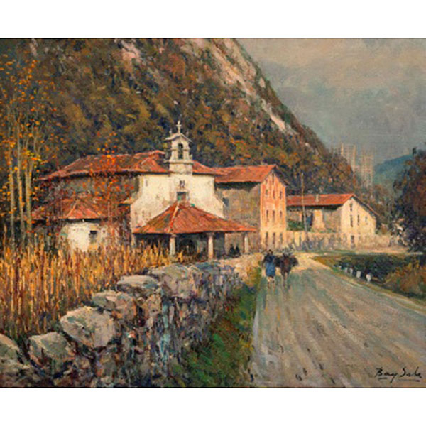 JUAN  BAYÓN SALADO "BAY-SALA"  (Logroño 1913 - Bilbao 1995) "Iglesia de Mañaria y aldeana con mula"