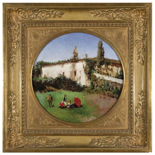 Aureliano de Beruete. "Casa campesina con figuras (c. 1881)". &Oacute;leo sobre lienzo. Firmado en la parte inferior.