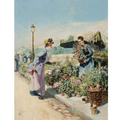 Félix Alarcón.  &quot;Mercado de flores&quot;. Óleo sobre tabla. Firmado en el ángulo inferior izquierdo.