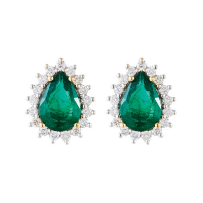 Pendientes rosetón en oro blanco con esmeralda de Zambia talla perilla orlada por diamantes talla brillante.