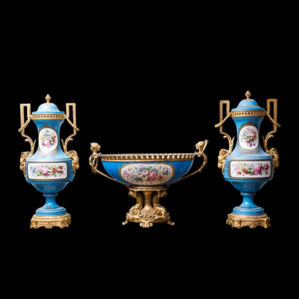 Pareja de jarrones y centro de mesa en porcelana de Sèvres siglo XIX - Francia