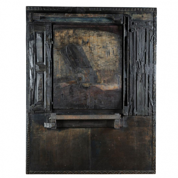 Lucio Muñoz. "Habiación paisaje (1964)". Óleo y construcción en madera sobre tabla. Firmada en el ángulo superior derecho.