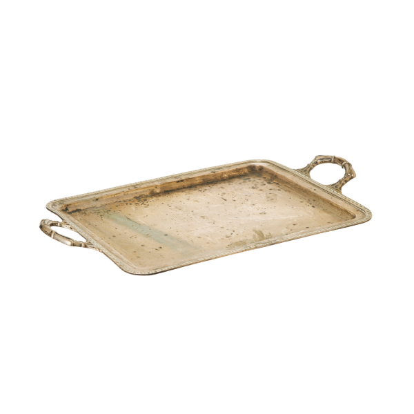 Bandeja en plata con decoración perimetral de motivos geométricos y gallonados en las asas, s.XX.