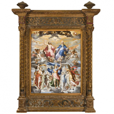 Escuela Valenciana S. XVIII.   &quot;Santísima Trinidad con Corte Celestial&quot;. Óleo sobre cobre.