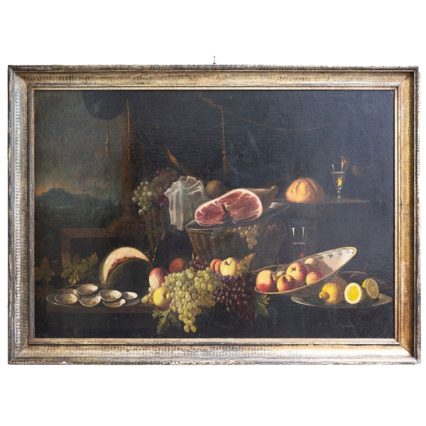 Andrea Benedetti (¿Parma o Módena?, c. 1615 – c. 1660) Atribuido "Naturaleza muerta con carne , limón y uvas".   Óleo sobre lienzo.