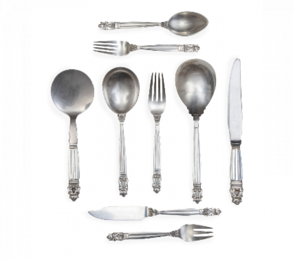 Georg Jensen (1866-1935). Cubertería de plata Sterling, ley 925 modelo Acron. Con marcas. Copenhague, Dinamarca, periodo de 1930 a 1945.