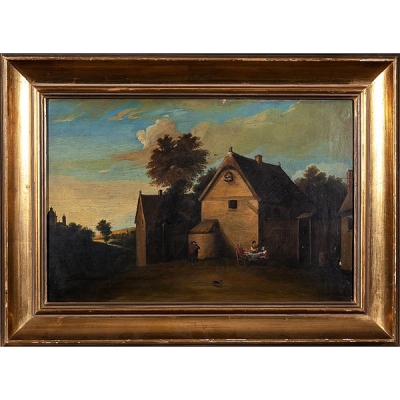 Escuela holandesa S.XIX a la manera de Teniers &quot;Paisaje con aldeanos&quot;