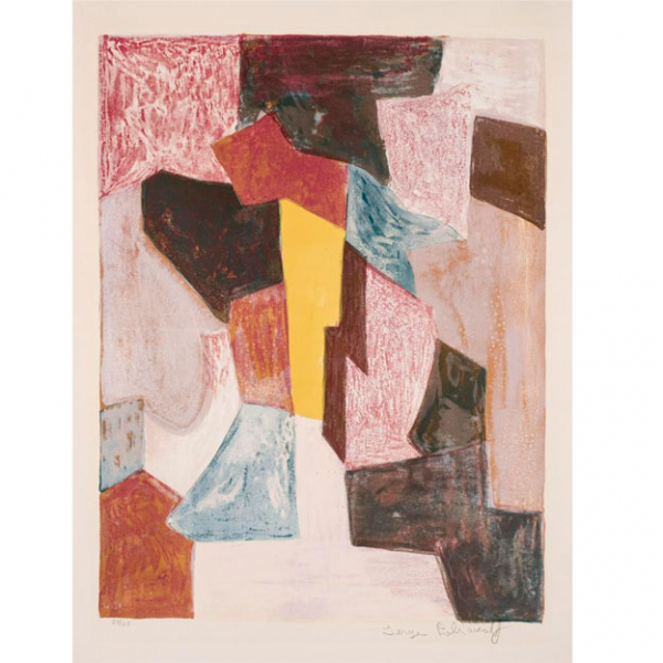 Serge Poliakoff.  "Composition rouge, carmin et jaune (1958)". Litograf&iacute;a 