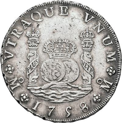 1758 Fernando VI Mexico MM 8 Reales M.B.C., pequeño golpecito en canto.