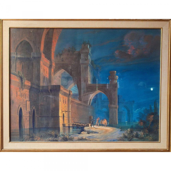 ATRIBUIDO A IPPOLITO CAFFI (Belluno, 1809 – Lissa, 1866) "Duello al chiaro di luna".   Témpera sobre cartón.