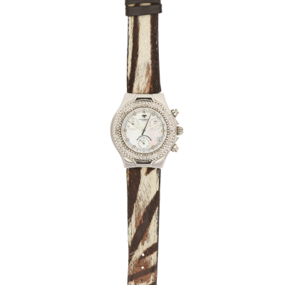 Reloj Technomarine de pulsera para señora, en acero, bisel y numeración con diamantes talla brillante y correa de piel.