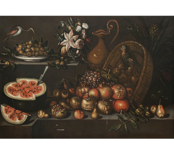 BLAS DE LEDESMA (Activo en Granada entre 1602 y 1617)  Pareja de bodegones con aves, frutas y flores, óleos sobre lienzo. 