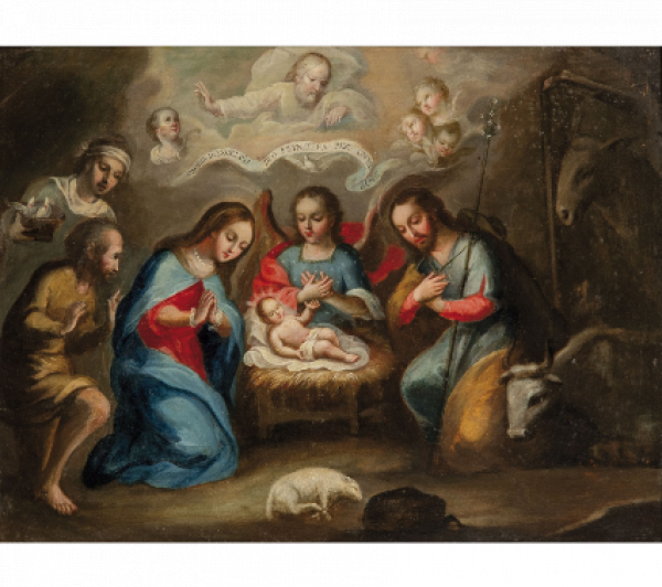 ATRIBUIDO A MIGUEL CABRERA (Oaxaca, 1695- Ciudad de México, 1768)  Adoración de los Pastores con ángel y rompimiento de gloria. 