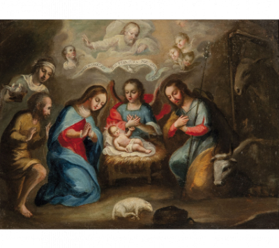 ATRIBUIDO A MIGUEL CABRERA (Oaxaca, 1695- Ciudad de México, 1768)  Adoración de los Pastores con ángel y rompimiento de gloria. 