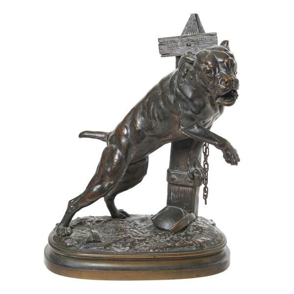 Prosper Lecourtier (Gremilly, Francia, 1855-París, Francia, 1924)  Prenez Garde au Chien.  Escultura en bronce patinado. 