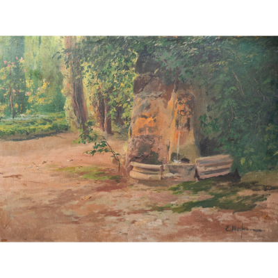 Eliseo Meifr&eacute;n i Roig (Barcelona, 1859-1940)  Fuente del Le&oacute;n.  &Oacute;leo sobre tela. Firmado.