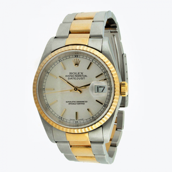 Reloj cronómetro suizo cab., ROLEX Oyster Perpetual DateJust, ref. 16233, en caja, 36 mm, y brazalete 'President' de acero y oro original.
