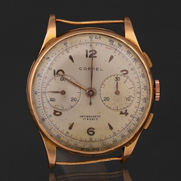 COPPEL - Caja de reloj de caballero Cronógrafo vintage en oro amarillo de 18k. 