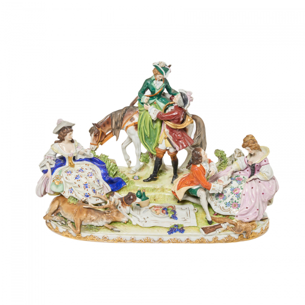 Felix Zeh (Alemania, 1869-1937) para la manufactura Kister S.A.R.L. (Scheibe-Alsbach, Turingia, Alemania, 1837-1990) Día de pícnic. Figura en porcelana alemana esmaltada, ppios. del s.XX.