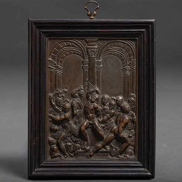 &quot;Flagelación de Cristo&quot; Placa devocional en bronce pavonado Escuela Italiana del siglo XVII