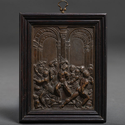 &quot;Flagelación de Cristo&quot; Placa devocional en bronce pavonado Escuela Italiana del siglo XVII