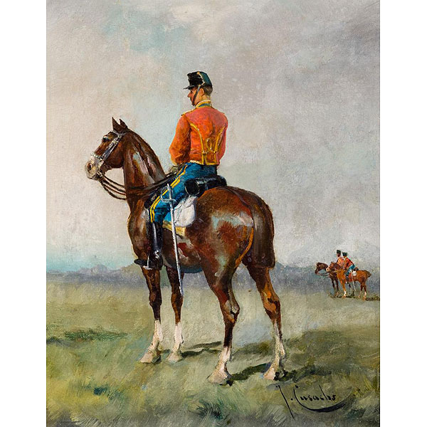 JOSEP CUSACHS Y CUSACHS (1850 - 1909) &quot;Soldado a caballo&quot;. Óleo sobre lienzo.
