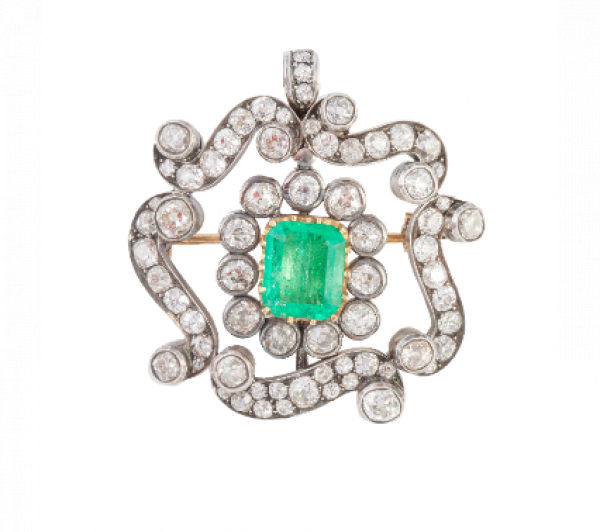 Broche-colgante S. XIX con esmeralda central de 5,36 ct aprox y brillantes de talla antigua 
