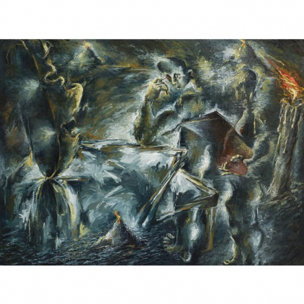 Chema Cobo.   "Finding the motif (Artist's studio in the ash land)(1984-85)". Óleo sobre lienzo. 