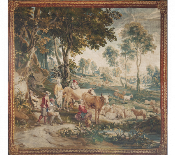 Tapiz "El rebaño y la mujer del granjero ordeñando una vaca" en lana y seda, según Teniers. Taller de Urbanus y Daniel Leyniers, Bruselas (1729-1745).