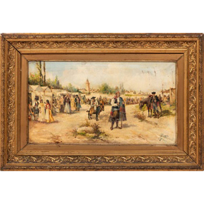 JOSÉ  ÁLVAREZ FERNÁNDEZ  (Activo en Madrid hacia 1870) &quot;Día de Feria con personajes y vista de Sevilla al fondo &quot;