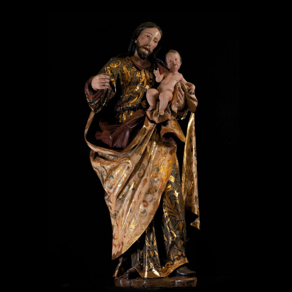 Gran San José con Niño en talla, trabajo colonial Novohispano de finales del siglo XVII.