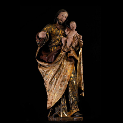 Gran San José con Niño en talla, trabajo colonial Novohispano de finales del siglo XVII.