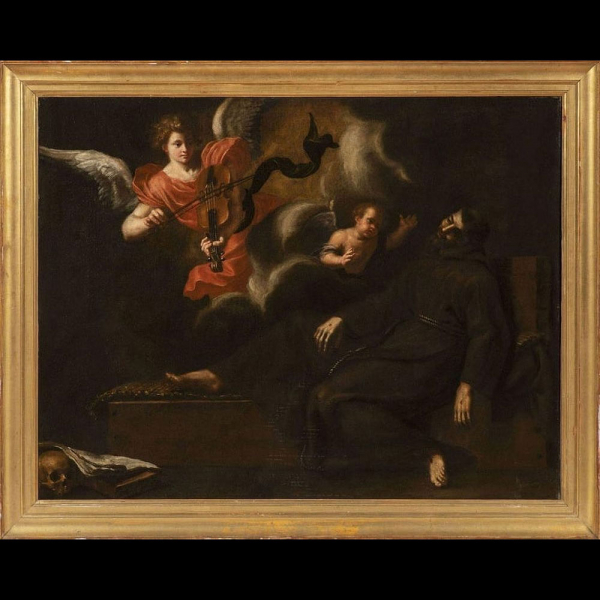 Maestro de la Escuela Napolitana del Siglo XVII. Visión de San Francisco Descripción El santo de la orden, identificado por sus heridas, está representado en postura dormida. 
