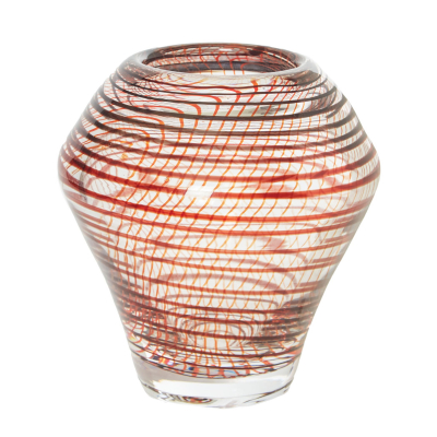 Jarrón en cristal de Murano en tonalidad translúcida con filigrana helicoidal en tonos burdeos y naranja, c.1960.