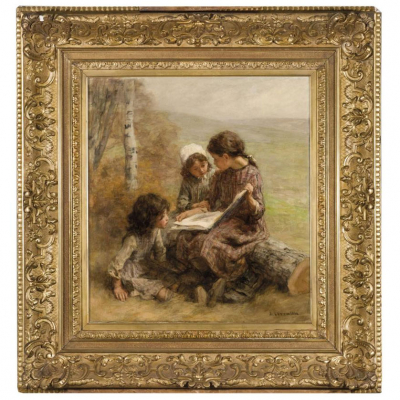 Léon-Augustin Lhermitte.   &quot;Trois petites filles lisant (Tres niñas leyendo) (1906)&quot;. Óleo sobre lienzo. Firmado en el ángulo inferior derecho.