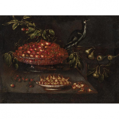 Escuela Mallorquina S. XVII.   &quot;Bodegón de cerezas y peras&quot;. Óleo sobre lienzo.