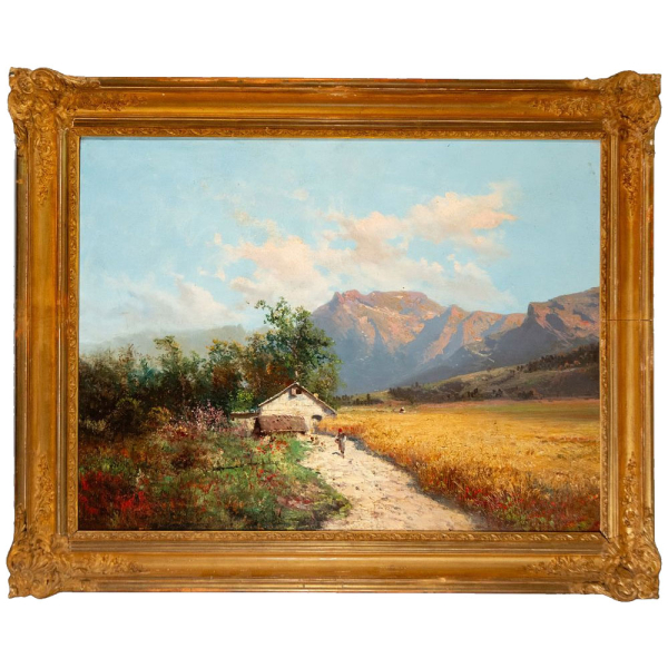 "Paisaje con casa y montañas" Carlos de Haes, siglo XIX.    Óleo sobre lienzo