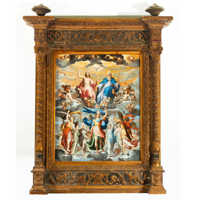 &quot;Arcángel San Miguel Rodeado de Ángeles frente a Dios Padre, Jesucristo y el Espíritu Santo&quot; a la manera de Bernardo Bitti, posiblemente Escuela Colonial Peruana, siglo XVII.    Óleo sobre cobre