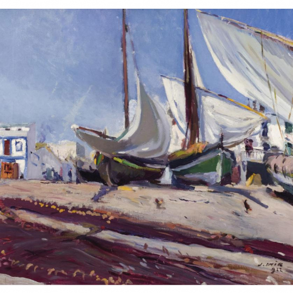 Joaqu&iacute;n Mir Trinxet. "Barcas en la arena (1922)". &Oacute;leo sobre lienzo. Firmado y fechado (922) 