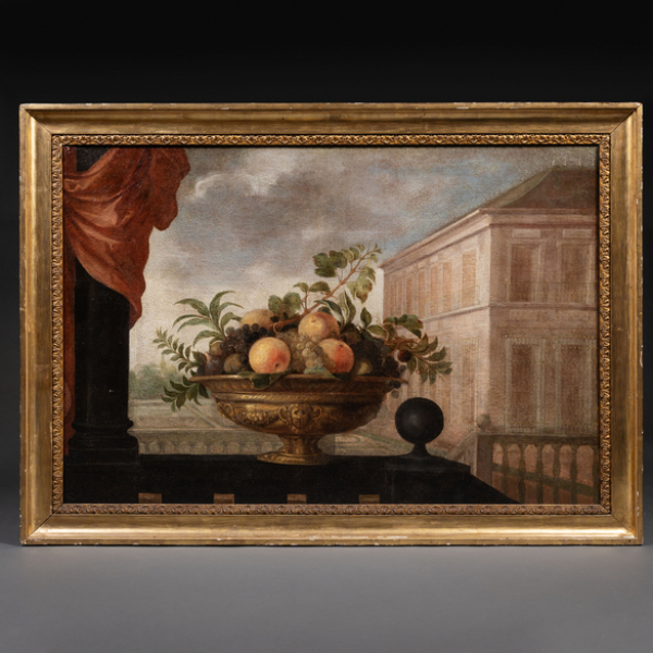 &quot;Frutero con melocotones, uvas y higos con arquitectura de fondo y draperi rojo en la columna&quot; PEDRO DE CAMPROBÍN (Almagro, 1605-Sevilla, 1674) 