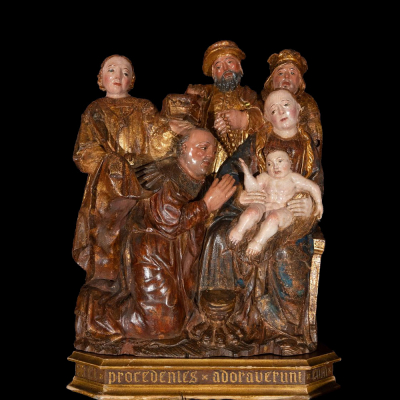 Importante "Adoraci&oacute;n G&oacute;tica de Brabante" del siglo XV, con peana del siglo XIX.