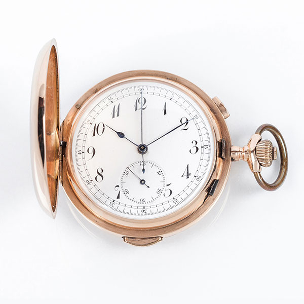 Reloj cron&oacute;grafo saboneta, suizo, ZODIAC, con soner&iacute;a de repetici&oacute;n de horas y cuartos, en caja original de oro rosa 18 K 