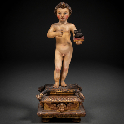 &quot;San Juan Bautista&quot; Escultura de bulto redondo en madera tallada y policromada. Trabajo Español, Siglo XVIII