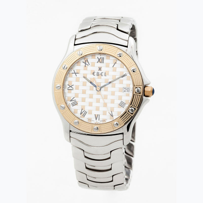 Reloj caballero suizo EBEL, mod. &#039;Dress Wawe&#039;, en caja 34 mm de acero con bisel de oro. Brazalete de acero. Movimiento de cuarzo.