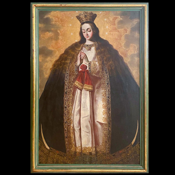 Espectacular y Grande Virgen Inmaculada en Gloria - Escuela Virreinal Peruana de Cuzco , círculo de Diego Quispe Tito (1611-1681) , trabajo colonial español del siglo XVII.
