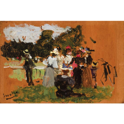 Joaquin Sorolla. "En el hip&oacute;dromo (h. 1895)". &Oacute;leo sobre tabla. Firmado en el &aacute;ngulo inferior izquierdo.