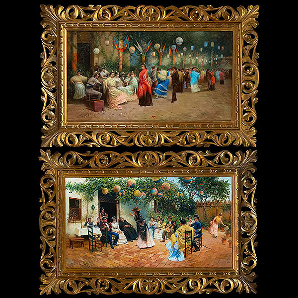 Escuela Española del siglo XIX - Pareja de escenas de La Verbena y el Patio Andaluz, Firmado &quot;Lucas Villamil&quot;